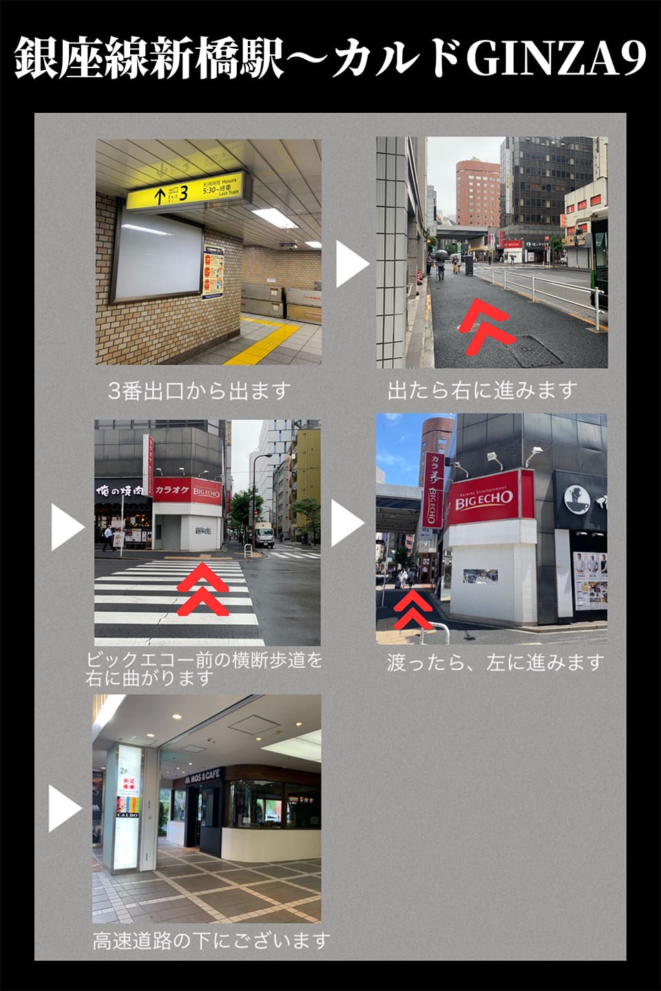 銀座線新橋駅〜カルドGINZA9：3番出口から出ます→出たら右に進みます→ビッグエコー前の横断歩道を右に曲がります→渡ったら、左に進みます→高速道路の下にございます
